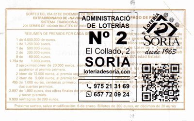 Reverso del décimo 47966 con el sello de la Administración nº 2, en Soria